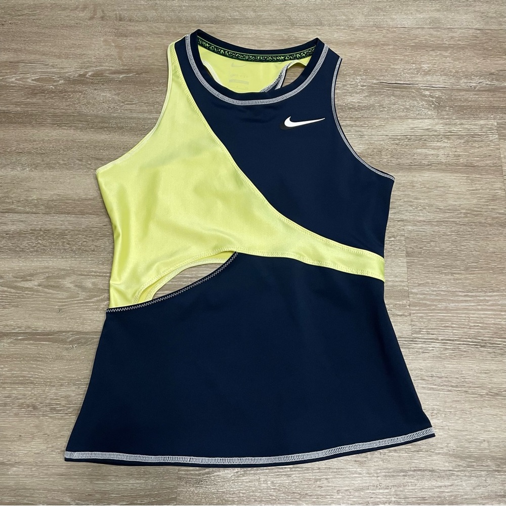 Nike Court Sz S Dri-Fit Slam Women’s Tennis Tank Slim Fit Yellow Navy Racer Back